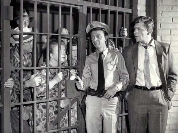 In the 1961 episode "Andy Saves Barney's Morale," Andy leaves Barney in charge while he is away and returns to find Barney has jailed many of Mayberry