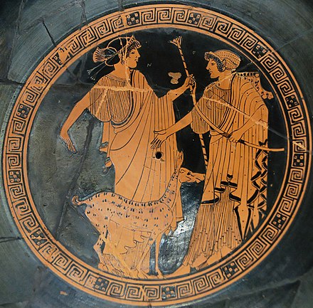 Apollo and Artemis. Tondo of an Attic red-figure cup, ca. 470 BC.