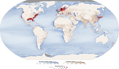 Red circles show the location and size of many dead zones (in 2008). Black dots show dead zones of unknown size. The size and number of marine dead zones--areas where the deep water is so low in dissolved oxygen that sea creatures cannot survive (except for some specialized bacteria)--have grown in the past half-century. Aquatic Dead Zones.jpg