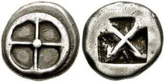 Athenian silver didrachm of "heraldic type" from the time of Peisistratos, 545–510 BC. Obverse: Four-spoked wheel. Reverse: Incuse square, divided dia