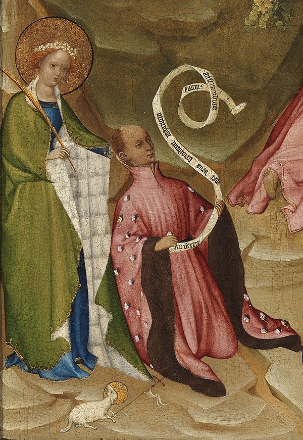 Louis I of Orléans with Saint Agnes, detail of the Agony in the Garden attributed to Colart de Laon, c. 1405–1408