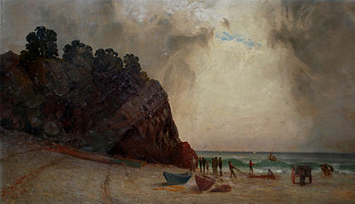 Oil painting by William Lees Judson of Avalon Beach in late 19th century California, the United States of America. Avalon Beach by William Lees Judson.JPG