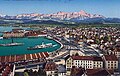 Bahnhof und Hafen Romanshorn um 1910 mit SD Friedrichshafen. Im Hintergrund Alpstein mit Säntis