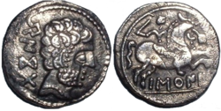 Iberian Coin, probably from Navarra with the legend benkota/baskunes using the northeastern non-dual signary Barscunes transparent.png