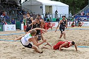 Deutsch: Beachhandball Europameisterschaften 2019 (Beach handball Euro); Tag 6: 7. Juli 2019 – Spiel um Platz Drei, Männer, Ungarn-Russland 2:0 (26:20, 23:22) English: Beach handball Euro; Day 6: 7 July 2019 – Men's Bronze Medal Match – Hungary-Russia 2:0 (26:20, 23:22)