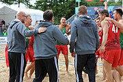 Deutsch: Beachhandball Europameisterschaften 2019 (Beach handball Euro); Tag 6: 7. Juli 2019 – Spiel um Platz Drei, Männer, Ungarn-Russland 2:0 (26:20, 23:22) English: Beach handball Euro; Day 6: 7 July 2019 – Men's Bronze Medal Match – Hungary-Russia 2:0 (26:20, 23:22)