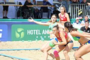 Deutsch: Beachhandball Europameisterschaften 2019 (Beach handball Euro); Tag 2: 3. Juli 2019 – Frauen, Vorrunde Gruppe D, Ukraine-Deutschland 2:0 (23:22, 32:24) English: Beach handball Euro; Day 2: 3 July 2019 – Women Preliminary Round Group D – Ukraine-Germany 2:0 (23:22, 32:24)