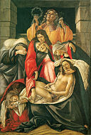 山德羅·波提且利的《哀悼死去的基督（英语：Lamentation over the Dead Christ (Botticelli, Milan)）》，106 × 71cm，約作於1493－1500年，來自吉安·賈科莫·波爾迪·佩佐利的藏品[18]