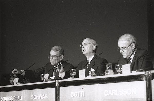 Boutros-Ghali, Klaus Schwab and Flavio Cotti at the World Economic Forum Annual Meeting in Davos, 1995