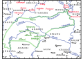 Der Kernbereich der Ashanti-Nation (grüne Markierung) und die angrenzenden Regionen der Brong-Konföderation (rote Markierung) zu Beginn der 1890er Jahre.