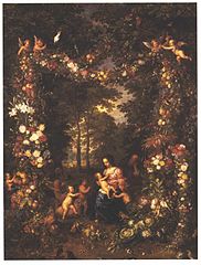De Heilige Familie omringd door een guirlande van bloemen en vruchten van Jan Brueghel de Oude