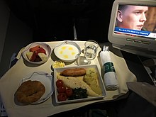 In-flight entertainment on the A320 fleet and Business Class catering on a flight from Mahe. Business Class Breakfast on SriLankan Airlines UL708.jpg