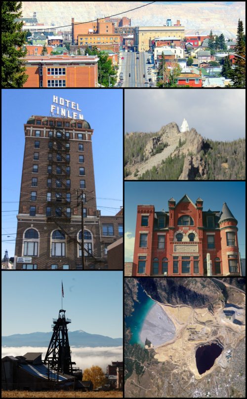Clockwise, left to right: View of uptown Butte from west; Our Lady of the Rockies; Curtis Music Hall; aerial view of the Berkeley Pit; mine headframe; and the Finlen Hotel.