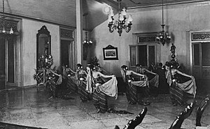 Bedhaya dance performance at the wedding of Hoesein Djajadiningrat and Partini in the palace of Prang Wedono (Mangkoe Negoro VII), the father of the bride, at Solo, Java, in January 1921