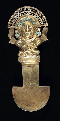 Early/Middle Sican Tumi knife, 750-1100 AD, held at the Birmingham Museum of Art, it portrays the Sican Lord who abruptly disappeared from Sican art in the Late Sican phase (1100-1375) Ceremonial Knife (Tumi).jpg