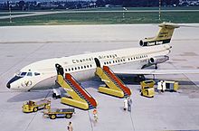 The Trident was one of the first trijets, with all three Rolls-Royce Spey engines rear-mounted Channel Airways Hawker Siddeley HS-121 Trident 1E AN2388412.jpg