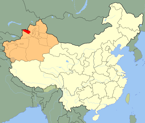 Bortala Mongol Prefecture (red) in Xinjiang (orange)