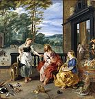 Peter Paul Rubens and Jan Brueghel (II). Christ in the house of Mary and Martha label QS:Lfr,"Christ dans la maison de Marthe et Marie" label QS:Lsv,"Kristus i Martas och Marias hus" label QS:Lpl,"Jezus w domu Marii i Marty" label QS:Lnl,"Christus in het huis van Maria en Martha" label QS:Lde,"Christus bei Maria und Martha" label QS:Lpt,"Cristo na casa de Marta e Maria" label QS:Len,"Christ in the house of Mary and Martha" . 1619-1620. oil on panelmedium QS:P186,Q296955;P186,Q106857709,P518,Q861259. 64 × 61.9 cm (25.1 × 24.3 in). Dublin, National Gallery of Ireland.