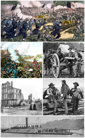 Ve směru hodinových ručiček: Bitva u Gettysburgu; Dělostřelectvo kapitána Johna Tidballa; Konfederační zajatci; obrněný USS Atlanta; Ruiny Richmondu, Virginie; Bitva u Franklinu
