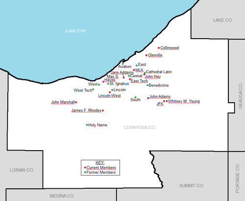 The all-time members of the Senate Athletic League. Red depicts current membership, Green depicts former members that either closed or left the league. Cleveland Senate Athletic League All-Time Members Map.png