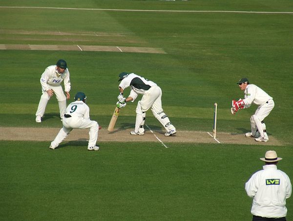 Example of two close fielders: a short leg and a silly point stand close to the batters on either side of the pitch. They are both wearing protective 