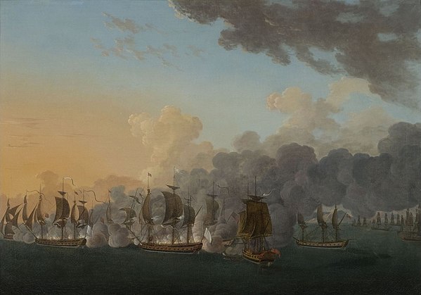 Lapérouse victoriously led the frigate Astrée in the naval battle of Louisbourg, 21 July 1781, by Auguste-Louis de Rossel de Cercy.