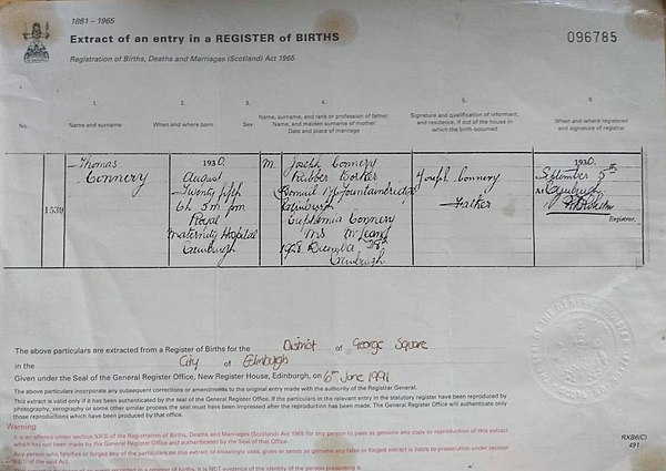 Connery's birth certificate