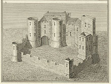 Engraving of Crickhowell Castle by James Basire (1805)