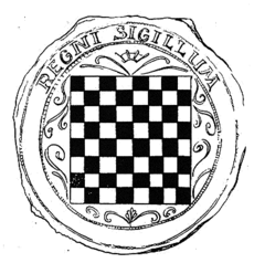 Royal seal of the Kingdom of Croatia is imprinted in the middle of Cetingrad Charter Croatian coa 1527.png