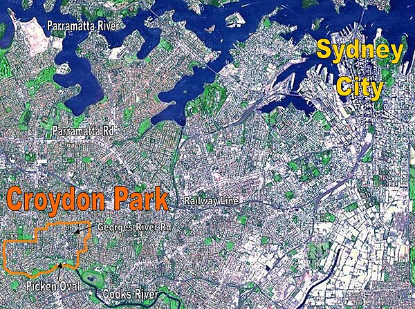 NASA image of Sydney's CBD and inner west suburbs, with borders of Croydon Park shown in orange