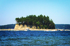 Small butte-shaped island topped with trees