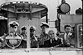 ראש הממשלהדוד בן-גוריון בגשר הפריגטה בחזרה לנמל חיפה בליווי שלמה אראל ואברהם זכאי (פלי"ם) באזרחית, ספטמבר 1953.