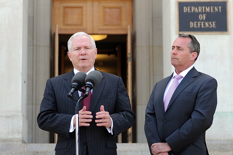 File:Defense.gov News Photo 110426-D-XH843-011 - Secretary of Defense Robert M. Gates conducts a joint press conference with British Secretary of State for Defense Liam Fox on the steps of the.jpg