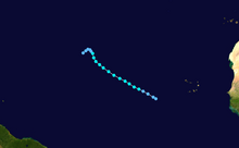 A track map of the path of a tropical storm over the southeastern portion of the Atlantic basin