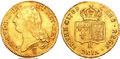 Ludovic dublu de aur, emis în 1789, 15,23 g; avers: LUD•XVI•D•G•FR•ET NAV•REX, adică: Ludovicus XVI Dei Gratia Franciae et Navarrae Rex (în română: „Ludovic al XVI-lea, cu graţia lui Dumezeu rege al Franţei şi al Navarei”; în exergă: un caduceu (simbol al meșterului monetăriei); revers: în centru: sub coroană: cele două steme ale Franței și Navarrei îngemănate; circular: CHRS•REGN•VINC•IMPER (adică, în română: „Hristos domnește, învinge, comandă”); în exergă K, semnul atelierului monetar de la Bordeaux