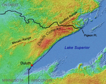 Shaded-relief image showing Duluth Complex arcing from Duluth to Pigeon Point, interrupting and splitting the Mesabi and Gunflint Ranges Duluthcomplexmap.png