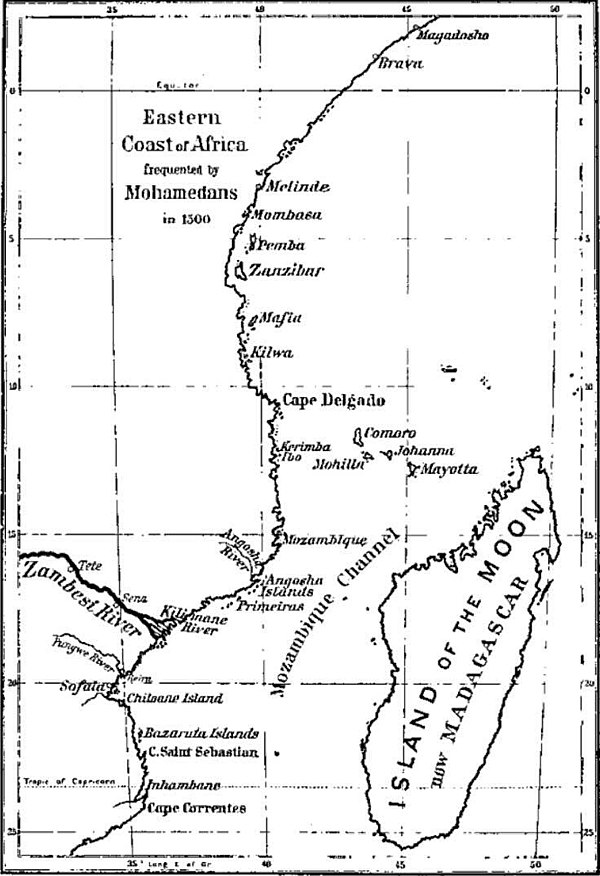 East Africa, c. 1500. The Kilwa Sultanate held formal sway from Malindi in the north, to Cape Correntes in the south.