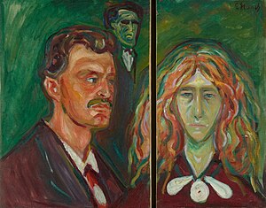 Edvard Munch - Self-Portrait Against a Green Background and Caricature Portrait of Tulla Larsen.jpg