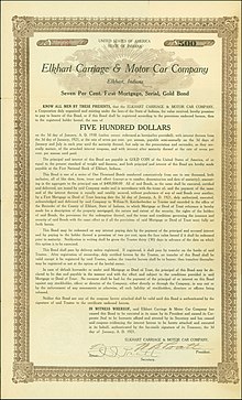 Gold Bond of the Elkhart Carriage & Motor Car Company, issued 3. January 1921 Elkhart Carriage & Motor Car Company 1921.jpg