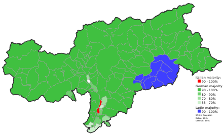 Ethnic distribution South Tyrol Census 1880. In green German majority, in blu Ladin majority and in red Italian majority