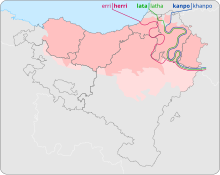 Le phonème noté par la lettre h n'est prononcé que dans le nord-est, comme le montrent les isoglosses de cette carte. Sa réalisation, déjà minoritaire, est de moins en moins fréquente.