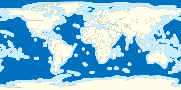 International waters are the areas shown in dark blue in this map, i.e. outside exclusive economic zones which are in light blue.
