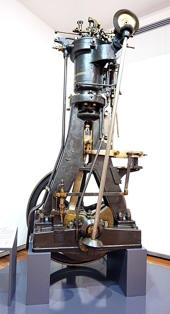 Diesel's second prototype. It is a modification of the first experimental engine. On 17 February 1894, this engine ran under its own power for the first time.[4]Effective efficiency 16.6% Fuel consumption 519 g·kW−1·h−1