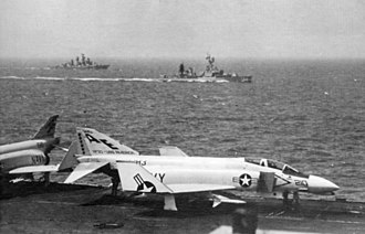 William C. Lawe screening USS America from a Soviet Kashin class destroyer, 1967. F-4B VF-33 on cat USS America (CVA-66) 1967.jpg