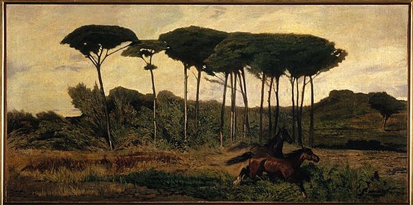107 Horses fleeing in the pine forest of Tombolo label QS:Len,"Horses fleeing in the pine forest of Tombolo" 1866