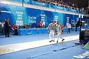 Deutsch: Fechten bei den Olympischen Jugend-Sommerspielen 2018: Tag 1, 7. Oktober 2018, Jungen, Säbel, Viertelfinale - Krisztián Rabb (HUN) - Antonio Heathcock (GER) 15:11 English: Fencing at the 2018 Summer Youth Olympics at 7 October 2018 – Boys' sabre Quarterfinals – Krisztián Rabb (HUN) Vs Antonio Heathcock (GER) 15:11