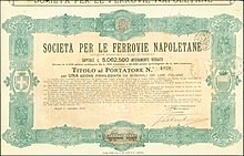 Share of the Soc. per le Ferrovie Napoletane, issued 1. November 1926 Ferrovie Napoletane SA 1926.jpg