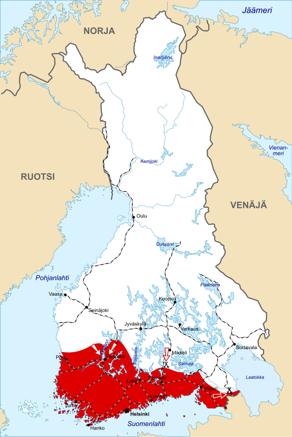 The main offensives until 6 April 1918. The Whites take Tampere and defeat the Finnish-Russian Reds at the Battle of Rautu, the Karelian Isthmus.
Areas controlled by the Whites and their offensive
Areas controlled by the Reds and their offensive
Railroad network FinnishCivilWarMapMiddle.svg