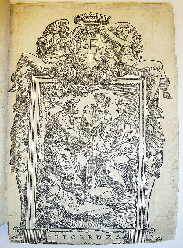 Frontispiece depicting Dante Alighieri, Giovanni Boccaccio, and Francesco Petrarca with the coat of arms of the Medici–Toledo family on top.