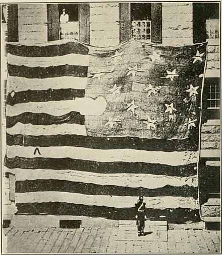 Flag that flew over Fort McHenry during its bombardment in 1814, which was witnessed by Francis Scott Key. The family of Major Armistead, the commander of the fort, kept the flag until they donated it to the Smithsonian in 1912.[8]